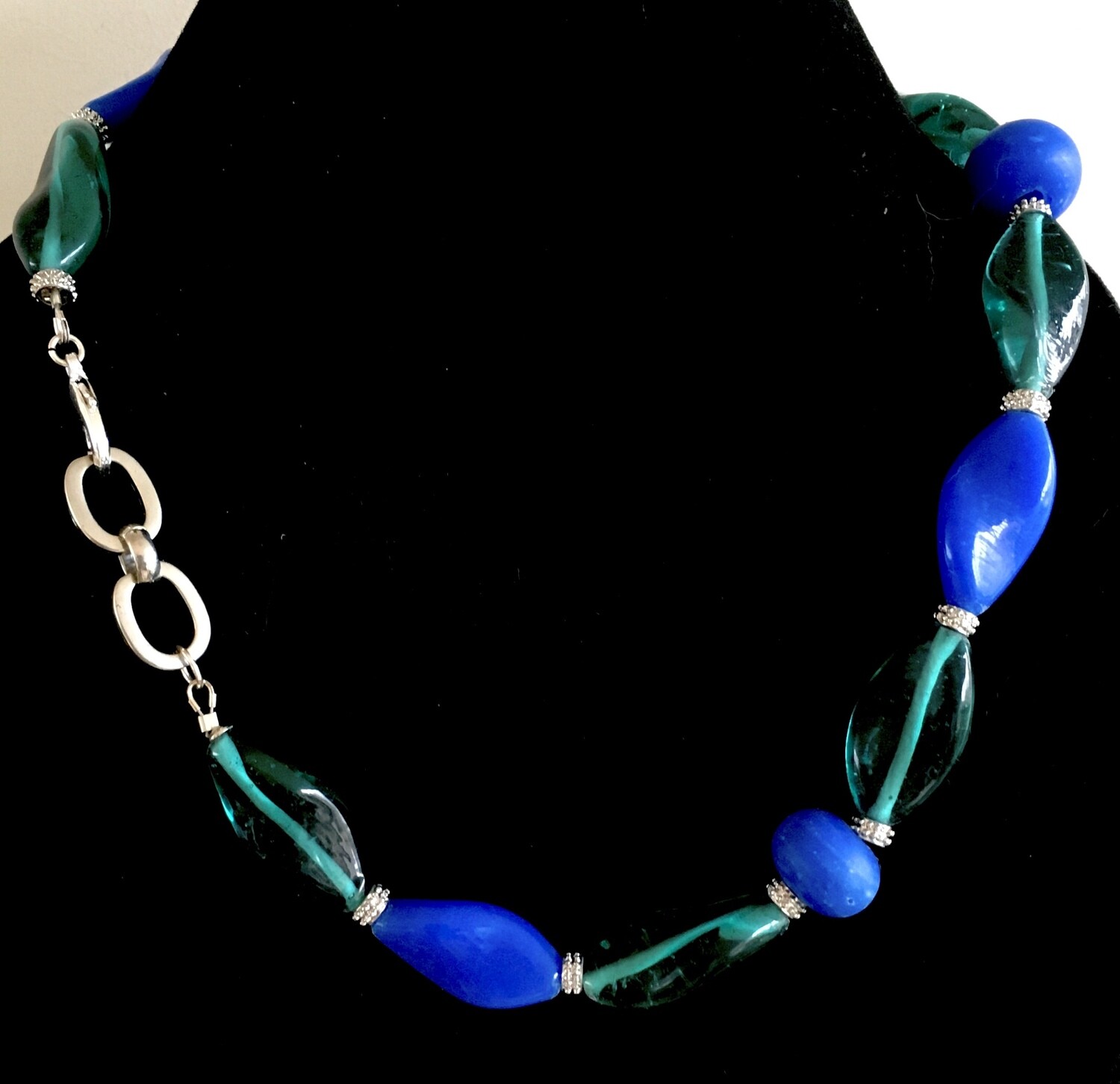 Blue/ green twisted beads necklace ( with silver spacers)