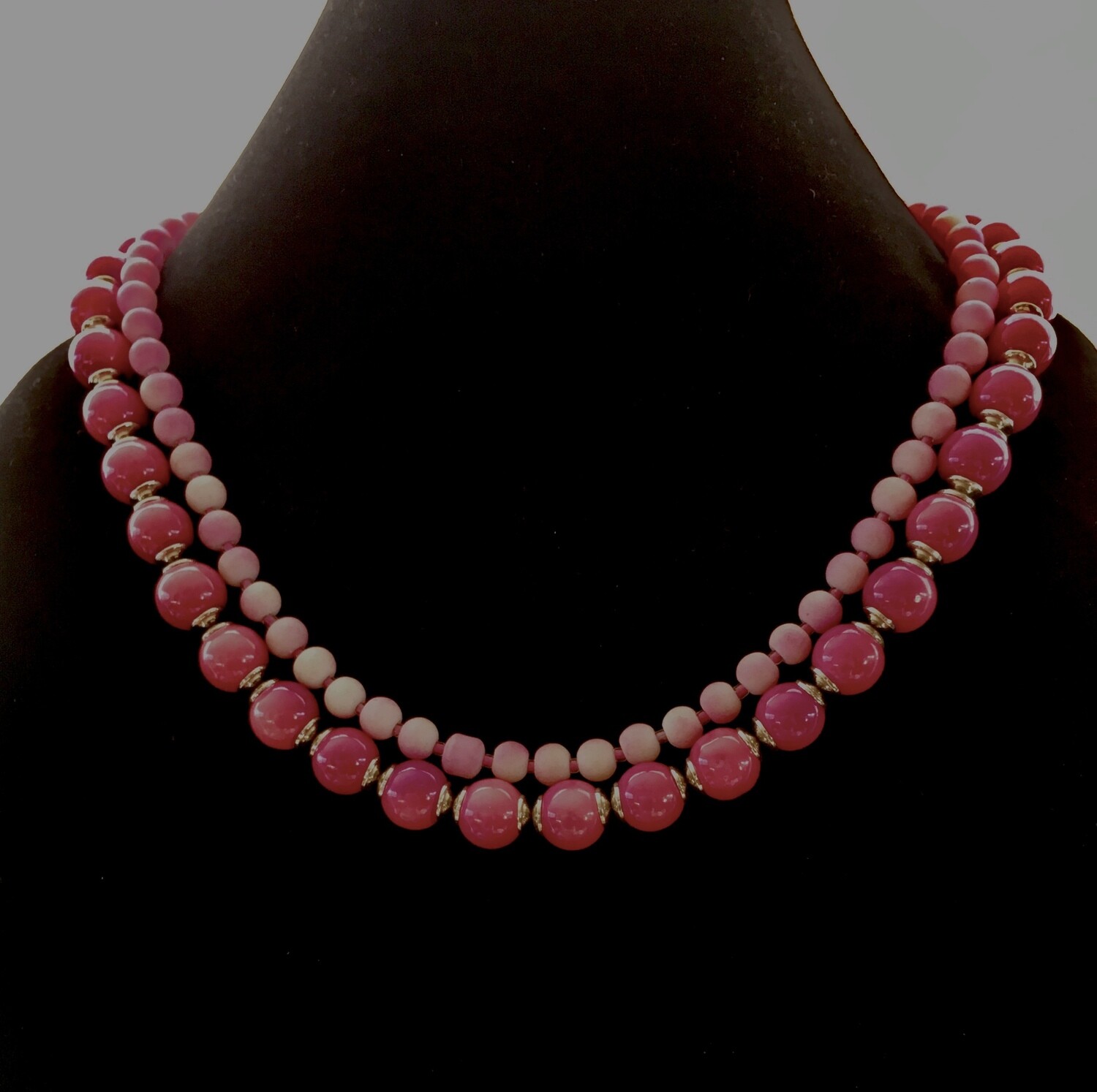 2 strands pink beads necklace with silver spacers