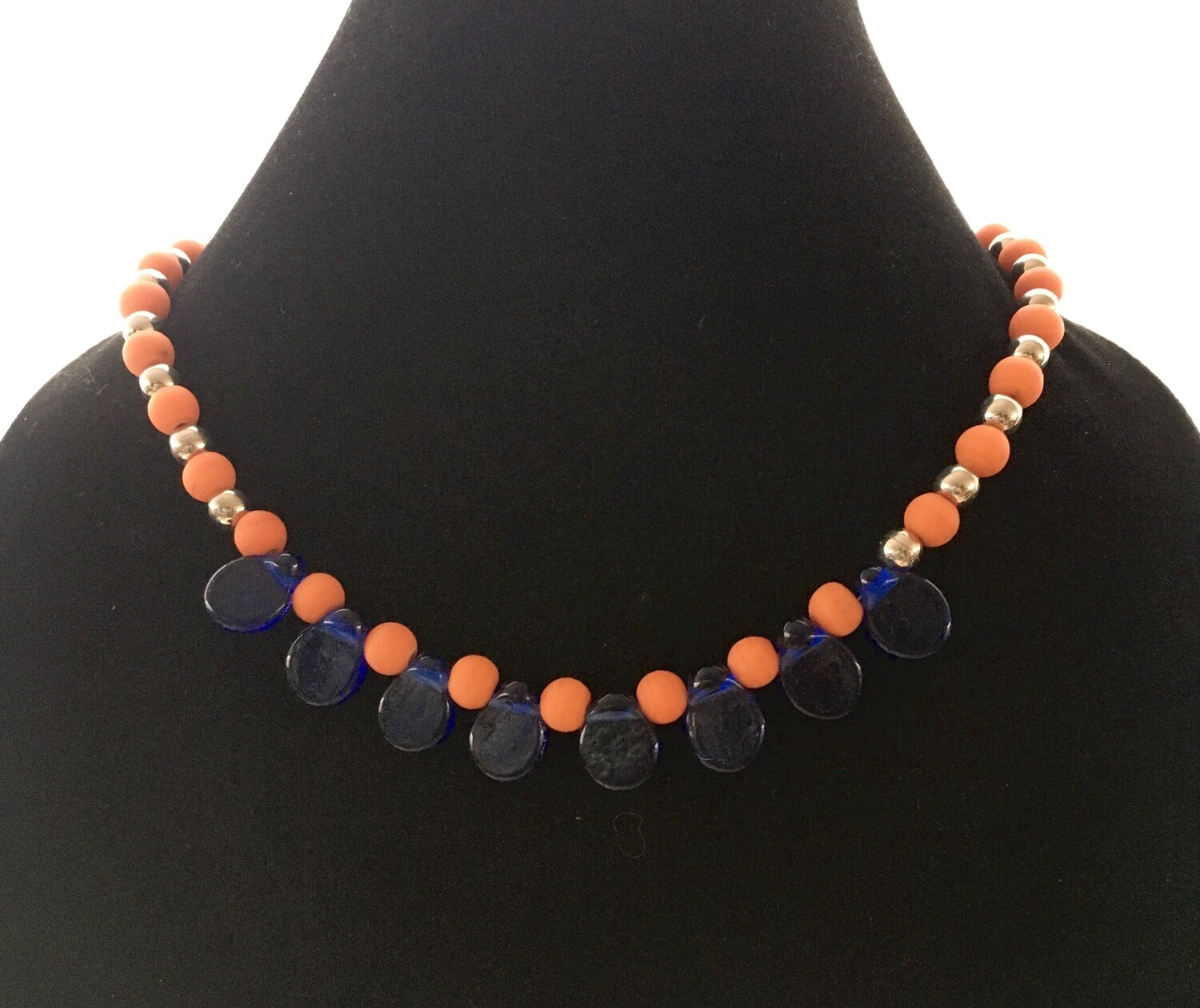 Blue teardrop and orange beads necklace