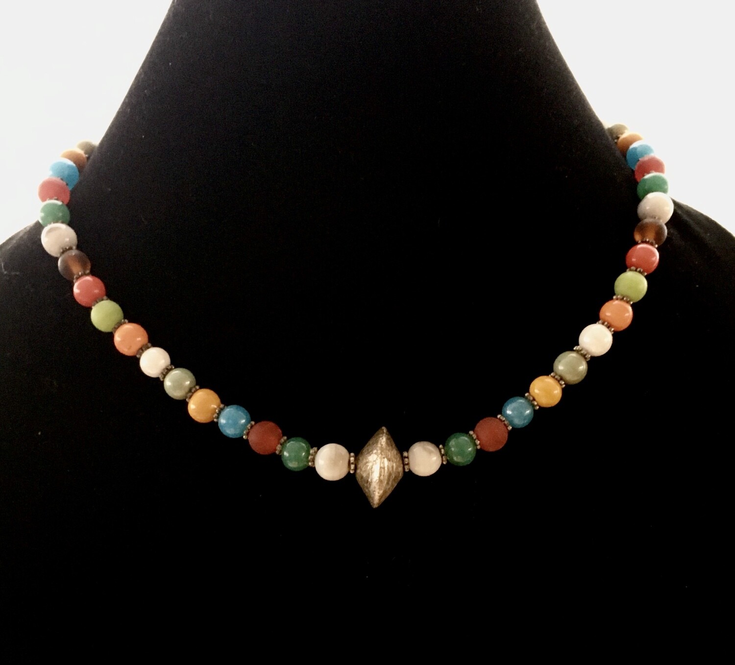 Multi coloured glass bead with silver focal necklace