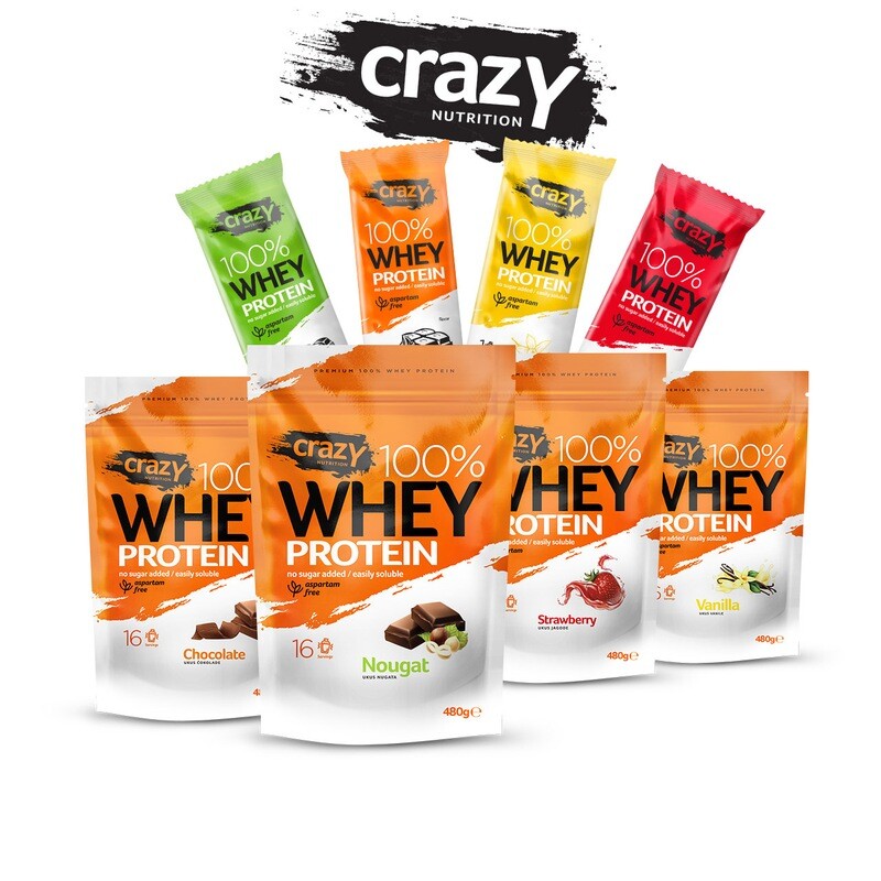 Whey Protein Crazy Nutrition (kokos, cheesecake, vanila, jagoda, čokolada, nugat)