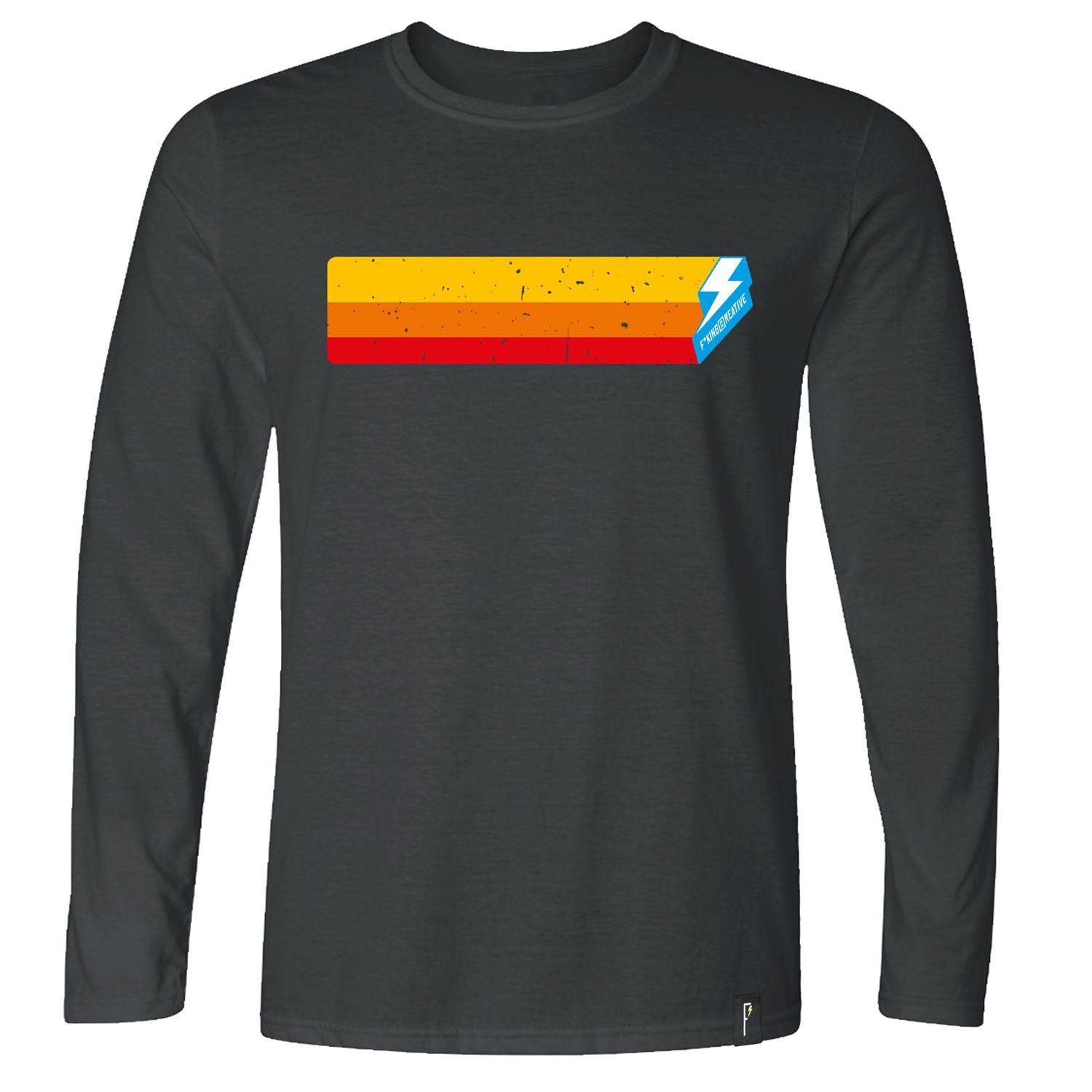 black, long sleeve T-shirt with bright yellow, orange and red racing stripes. Distressed feel with blue f king creative light