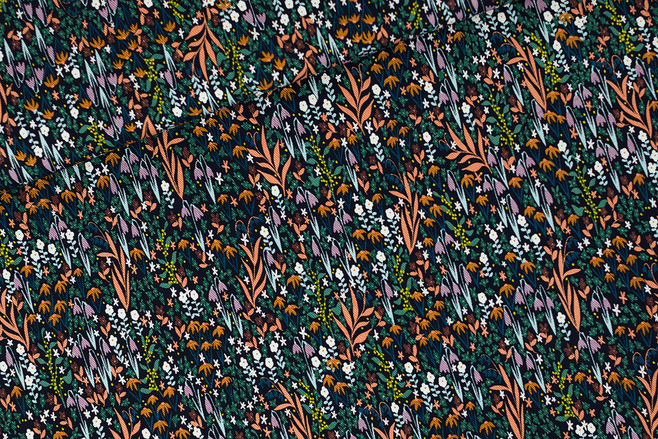 Canvas Cotton Gabardine Twill - Tiny Flowers Zwart/Donkergroen