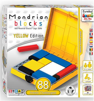 Mondrian Blocks -Yellow Edition . Set up the fixed black blocks as shown on the card. Then simply fill in the remaining pieces. Box Contains 88 Challenges.