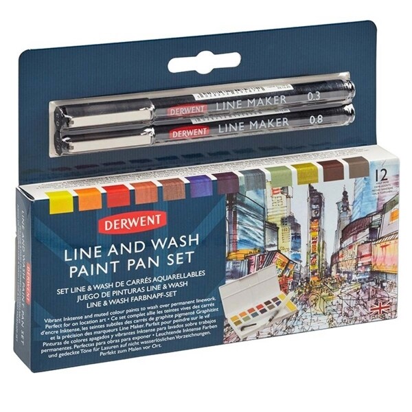 Derwent Line and Wash Paint Pan Set. Line Makers with a permanent formulation
Ink dries quickly and will not move once dry.