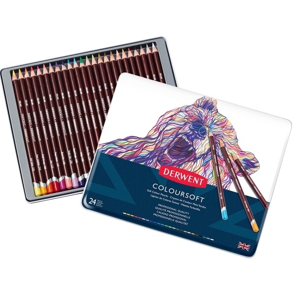 Derwent Coloursoft Pencils 24 Tin - These colouring pencils are highly versatile coloured pencils with a velvety strip for the quick  dense application of bold vibrant colour.