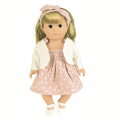 Egmont Doll - Angele  has a beautiful pink polka dress and white cardigan. Her clothes are made of natural cotton  Age 12+ months