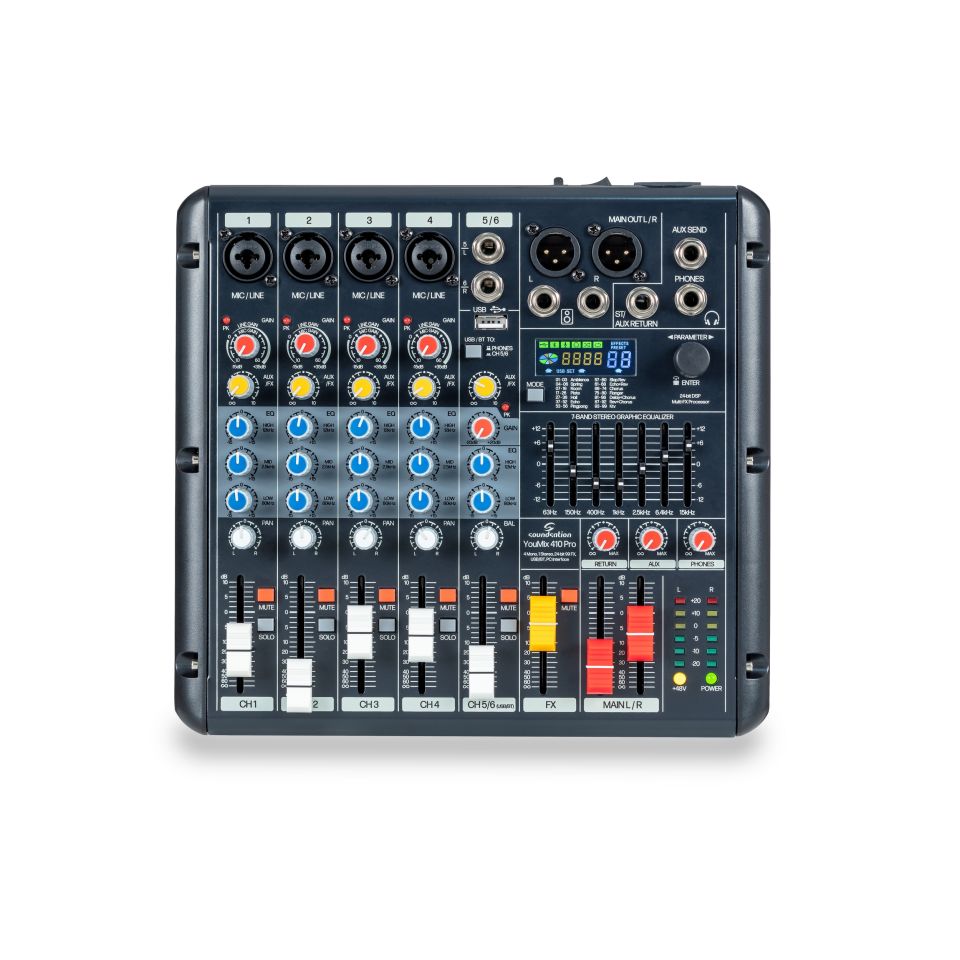 YOUMIX 410 PRO 6-KANAL-MIXER MIT 4 MONO-KANÄLEN UND 1 STEREO-KANAL, 24-BIT-EFFEKT