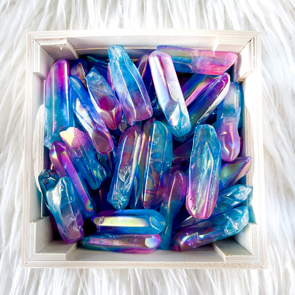 Rainbow Aura Quartz Points Purple + Blue