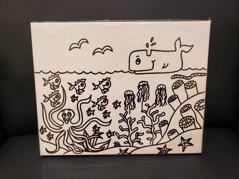 Under The Sea Painting Set Large - Black &amp; White 11&quot; x 14&quot; Canvas With Paint