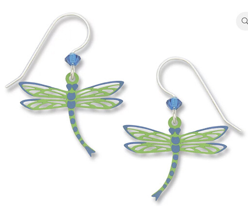 1377 Grn dragonfl bl wing tip earrings