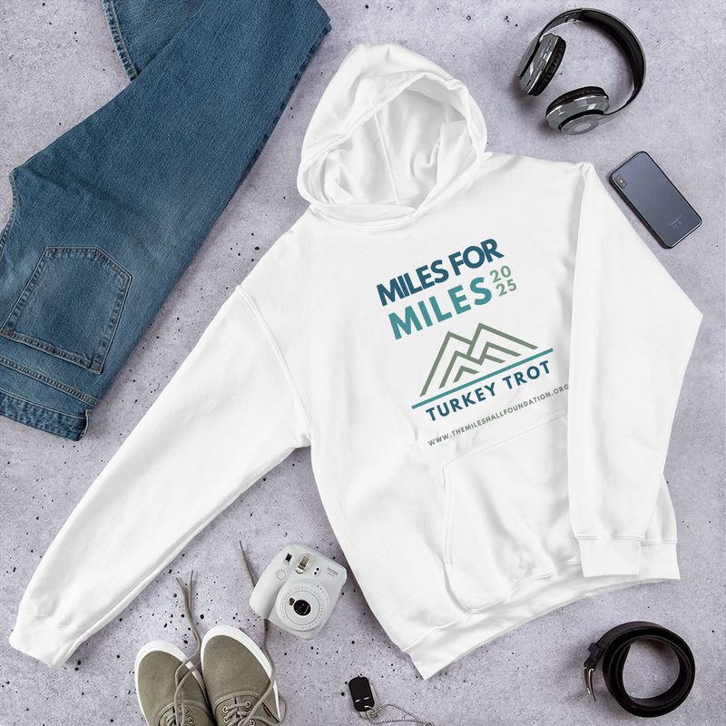 Unisex White Hoodie - Blue Green Miles for Miles 2025 Logo
