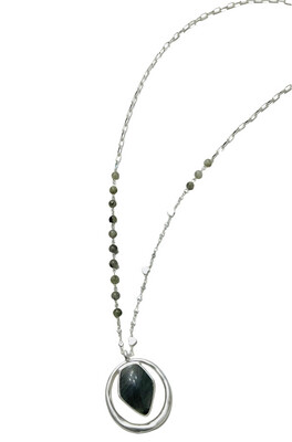 Stone Pendant Necklace Long - Grey/Silver