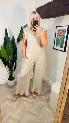 Jersey Frill Sleeve & Hem Jumpsuit- Stone ( SALE NONE RETURNABLE )