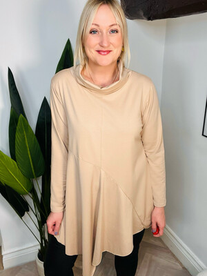 Cowl Neck Top With Asymmetrical Hem- Light Camel ( SALE NON RETURNABLE )
