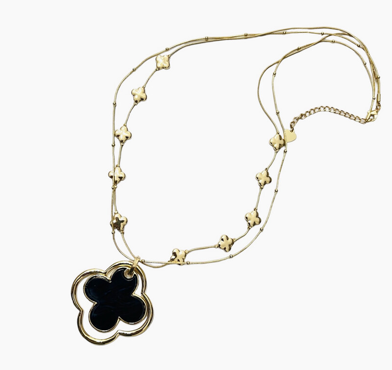 Clover Pendant Necklace - Long Black/Gold