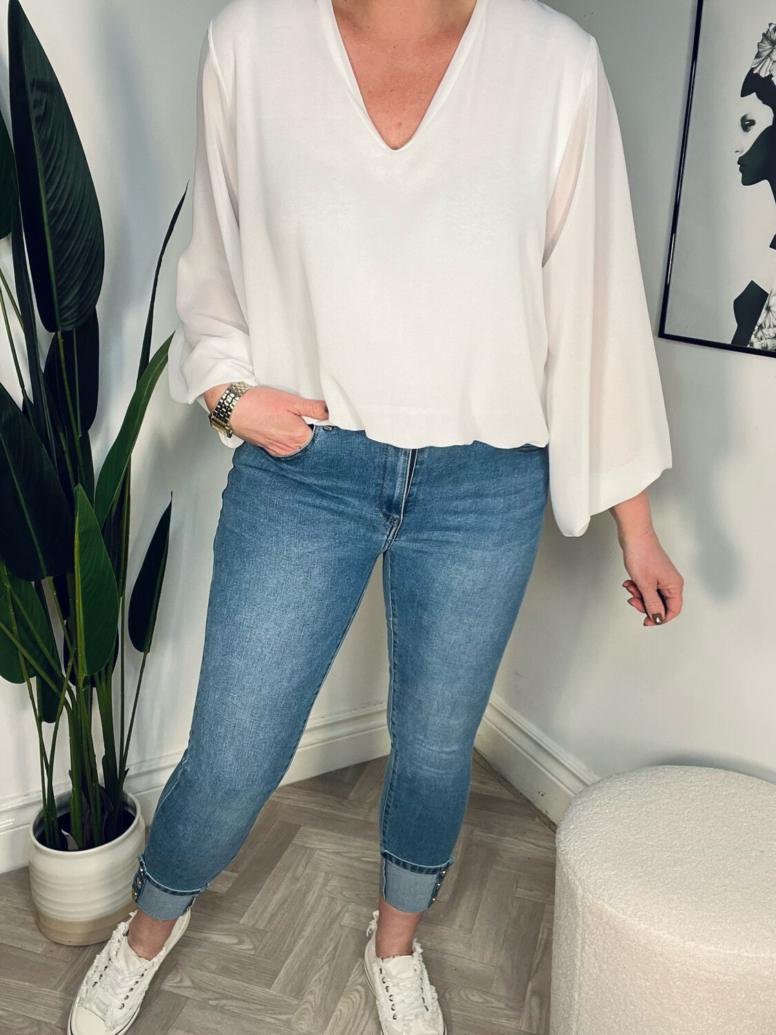 Gold Button Detail Jeans - Mid Wash