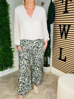 Leopard Wide Leg Trouser - Green ( SALE NONE RETURNABLE )
