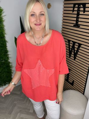 Sequinned Star Top - Coral
