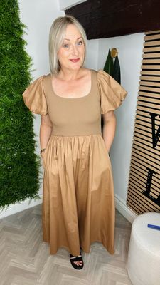Zara Dress With Sleeves- Camel ( SALE NON RETURNABLE )