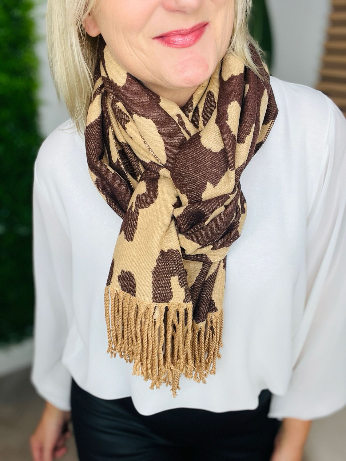 Animal Print & Tassel Scarf - Cognac ( SALE NON RETURNABLE )