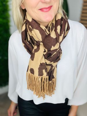 Animal Print & Tassel Scarf - Cognac ( SALE NON RETURNABLE )
