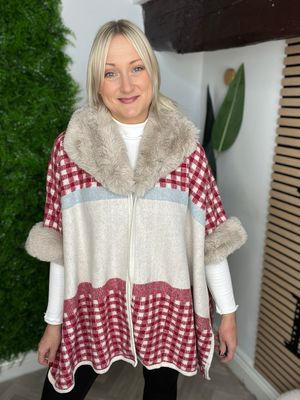 Faux Fur Throw - Ecru , Red & Soft Blue ( SALE NON RETURNABLE )