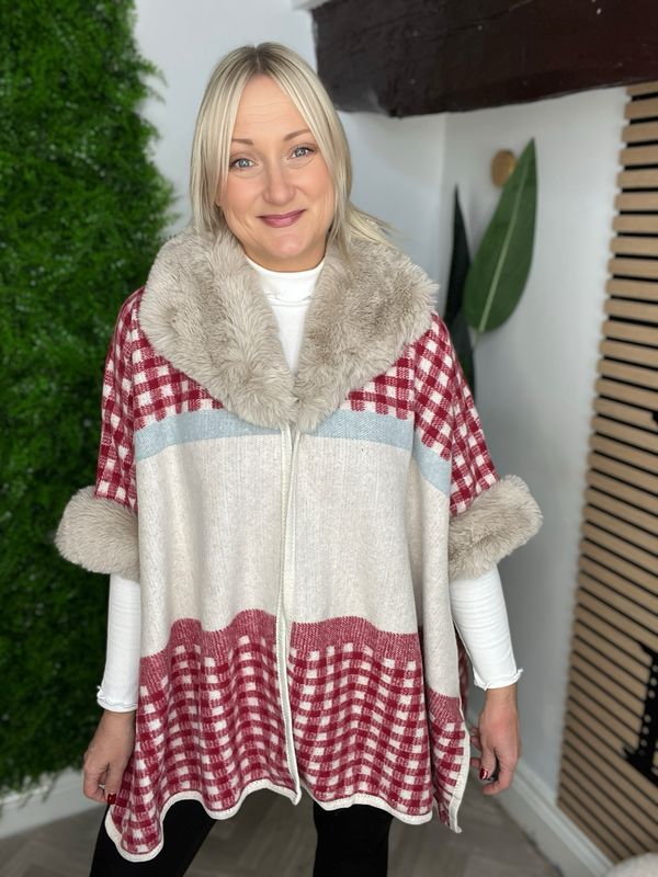 Faux Fur Throw - Ecru , Red & Soft Blue ( SALE NON RETURNABLE )