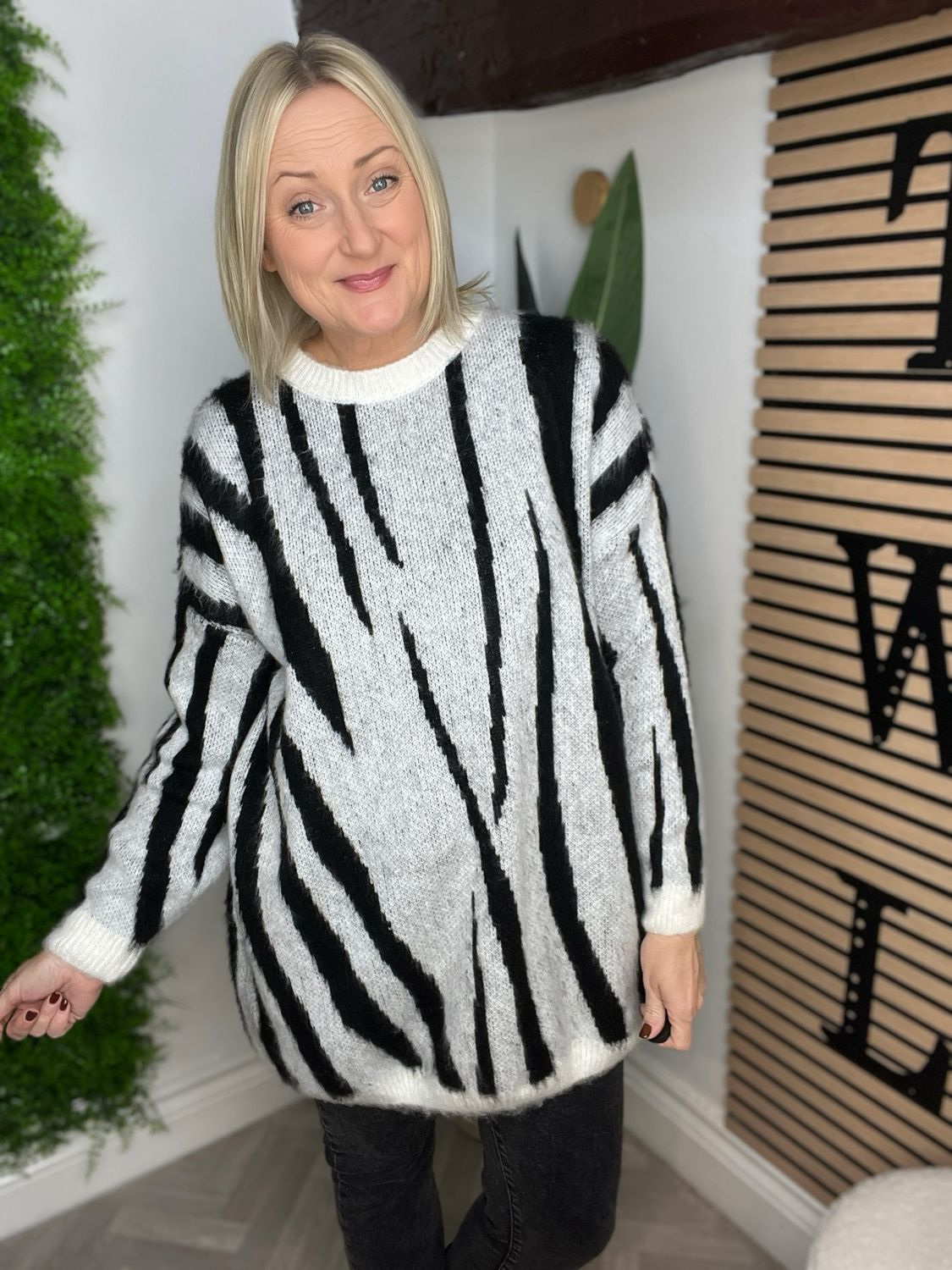 Long Length Zebra Stripe Jumper - Black