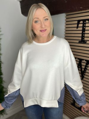 Denim Detail Sweatshirt - White ( SALE NONE RETURNABLE )