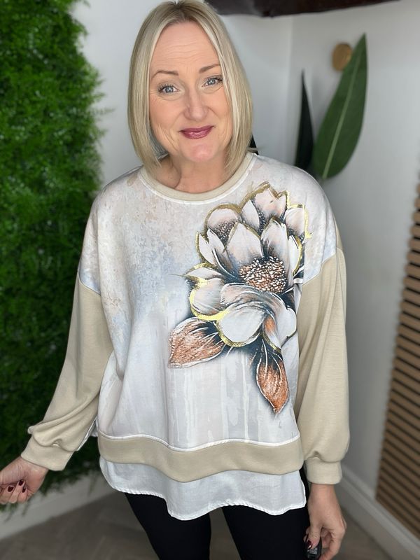 Flower Scuba Feel Top - Camel Mix ( SALE NONE RETURNABLE )