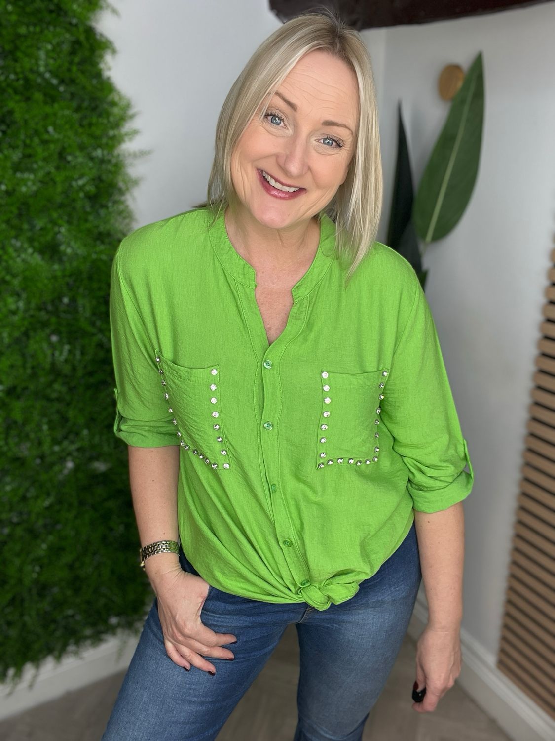 Tie Front Shirt Diamanté Detail - Lime SALE NONE RETURNABLE