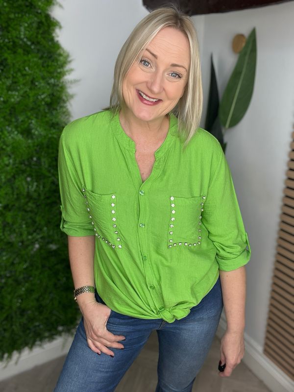 Tie Front Shirt Diamanté Detail - Lime