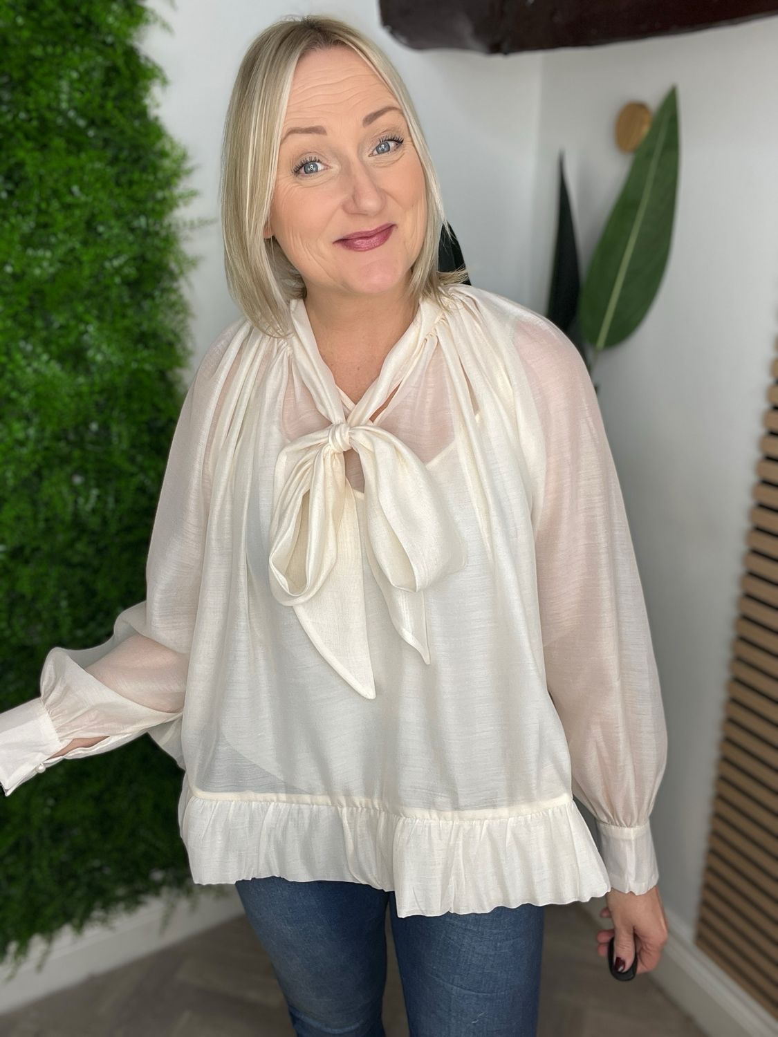 Sheer Pussy Bow Blouse - Ivory
