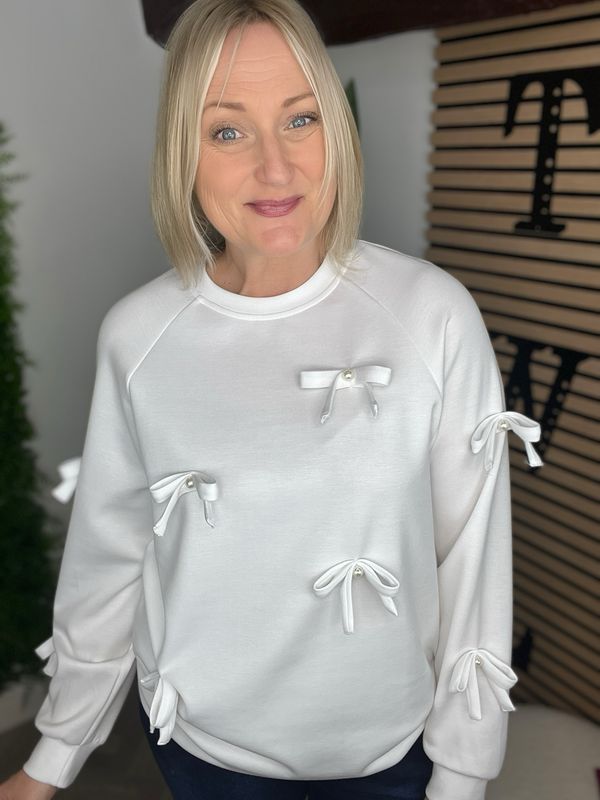 Light Scuba Bow Detail Sweatshirt- White Light Scuba Bow Detail Sweatshirt- White