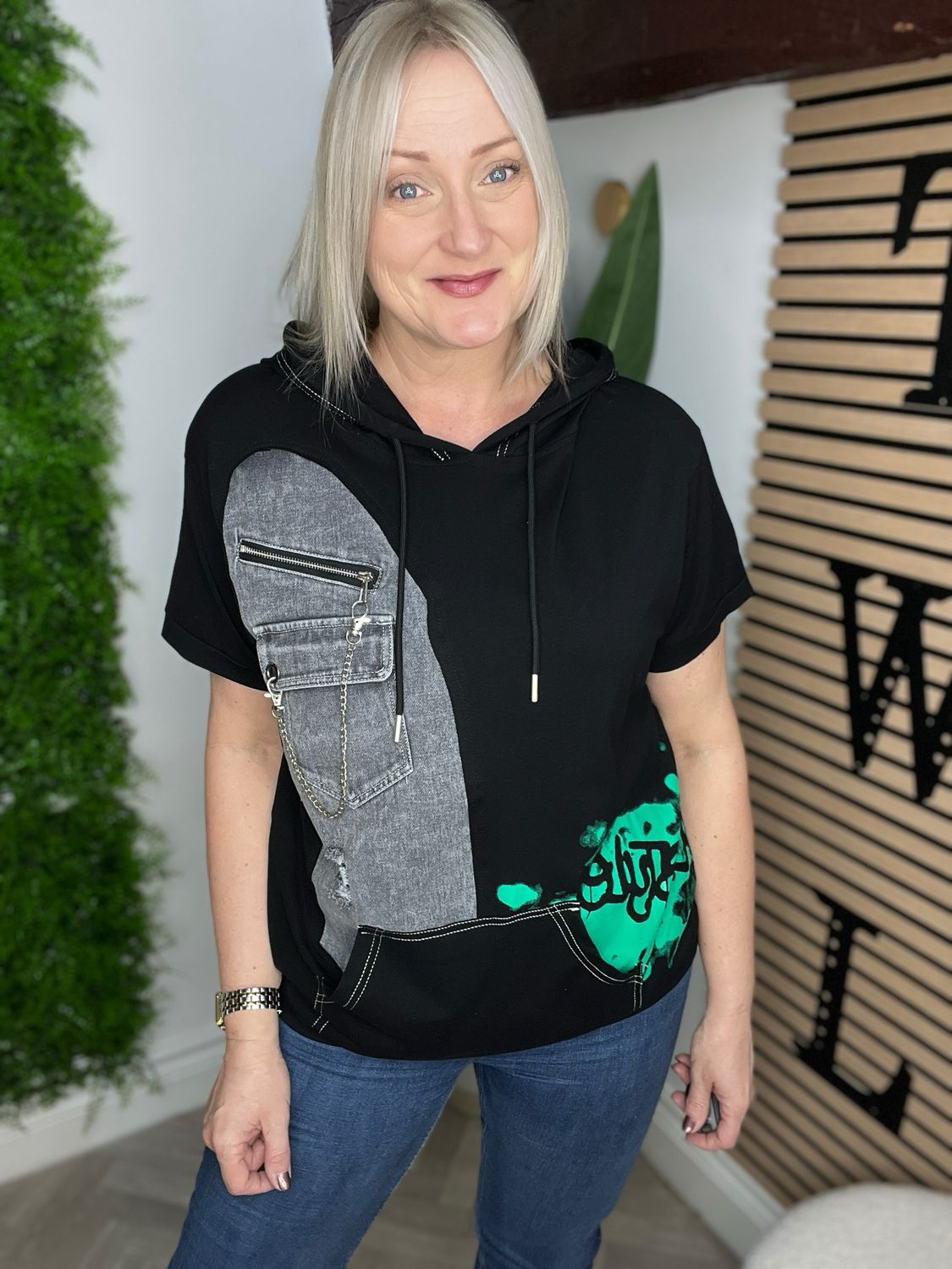 Chain & Denim Detail Sweatshirt- Black & Green ( SALE NONE RETURNABLE )