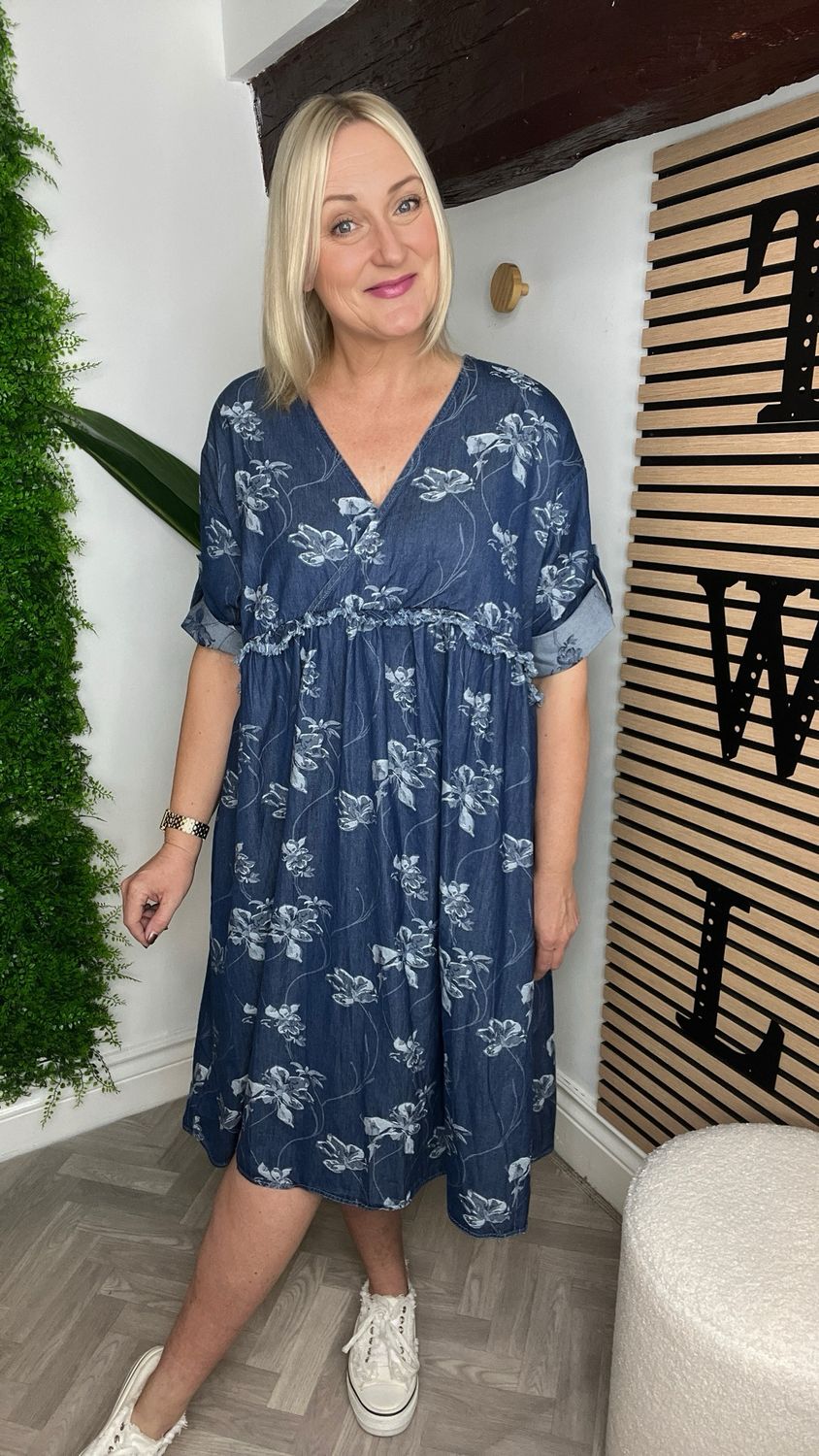 Soft Denim Smock Dress - Mid Blue Floral