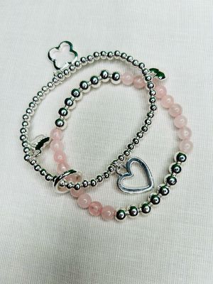Double Heart & Clover Bracelet - Pink / silver