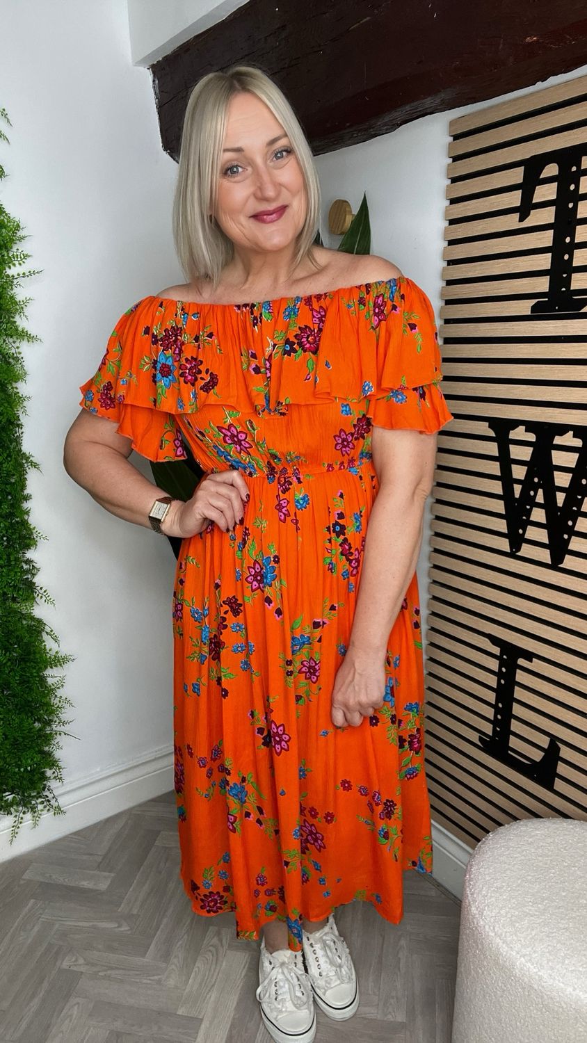 Bloom Bardot Dress - Orange Mix