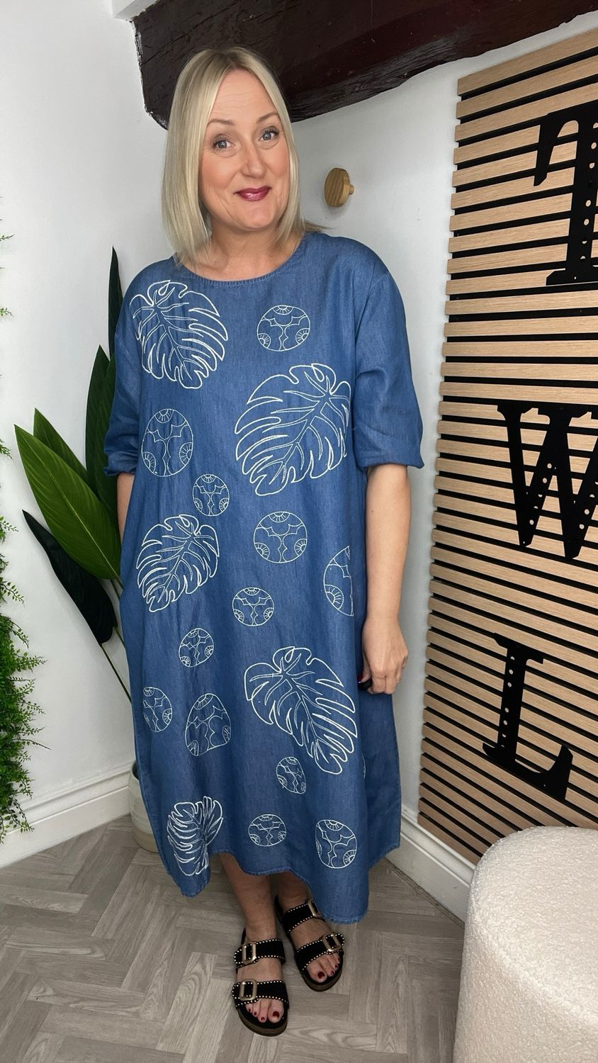 Denim Leaf Embroidered Dress - Mid Blue