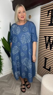 Denim Leaf Embroidered Dress - Mid Blue