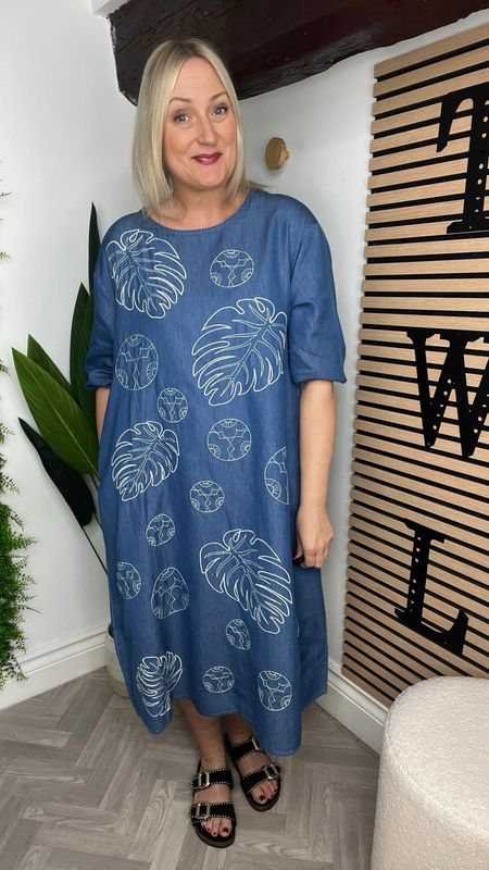 Denim Leaf Embroidered Dress - Mid Blue ( SALE NONE RETURNABLE )