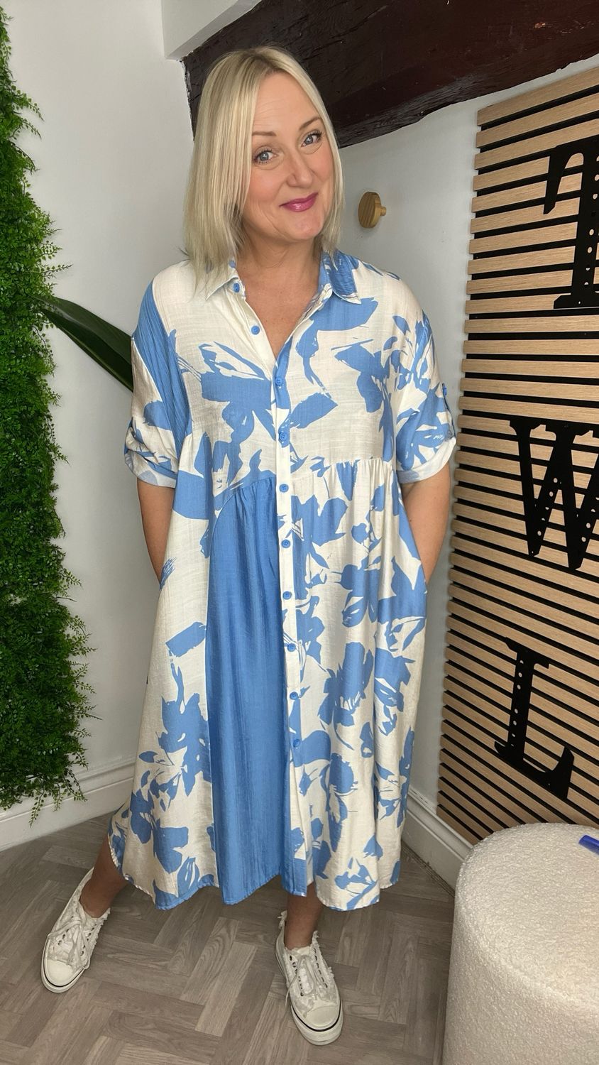 Abstract Floral Print Shirt Dress - Pale Blue