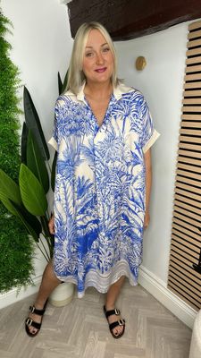 Palm Print Tunic Dress - Ecru & Blue