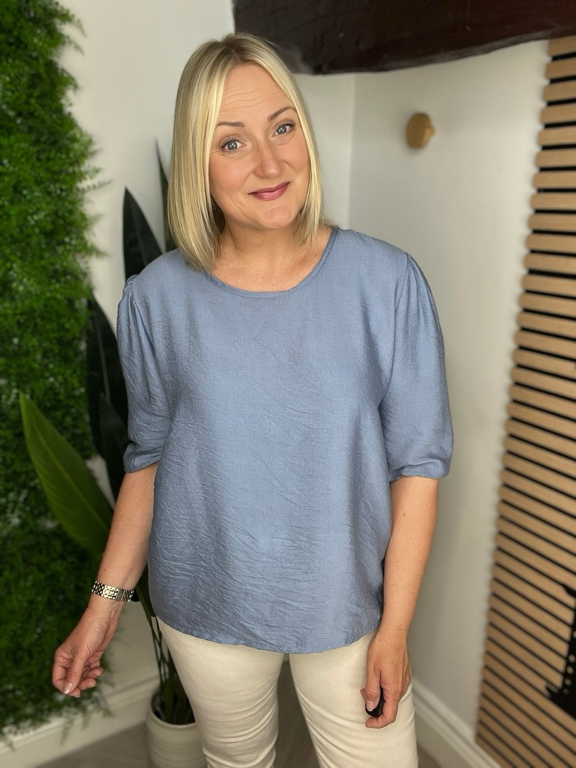 Puff 3/4 Sleeves Top - Denim Blue