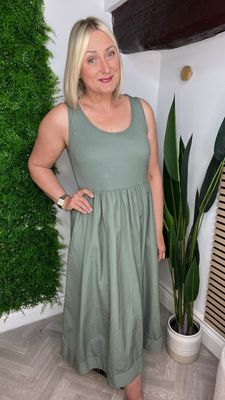 Ribbed Bodice Dress - Khaki