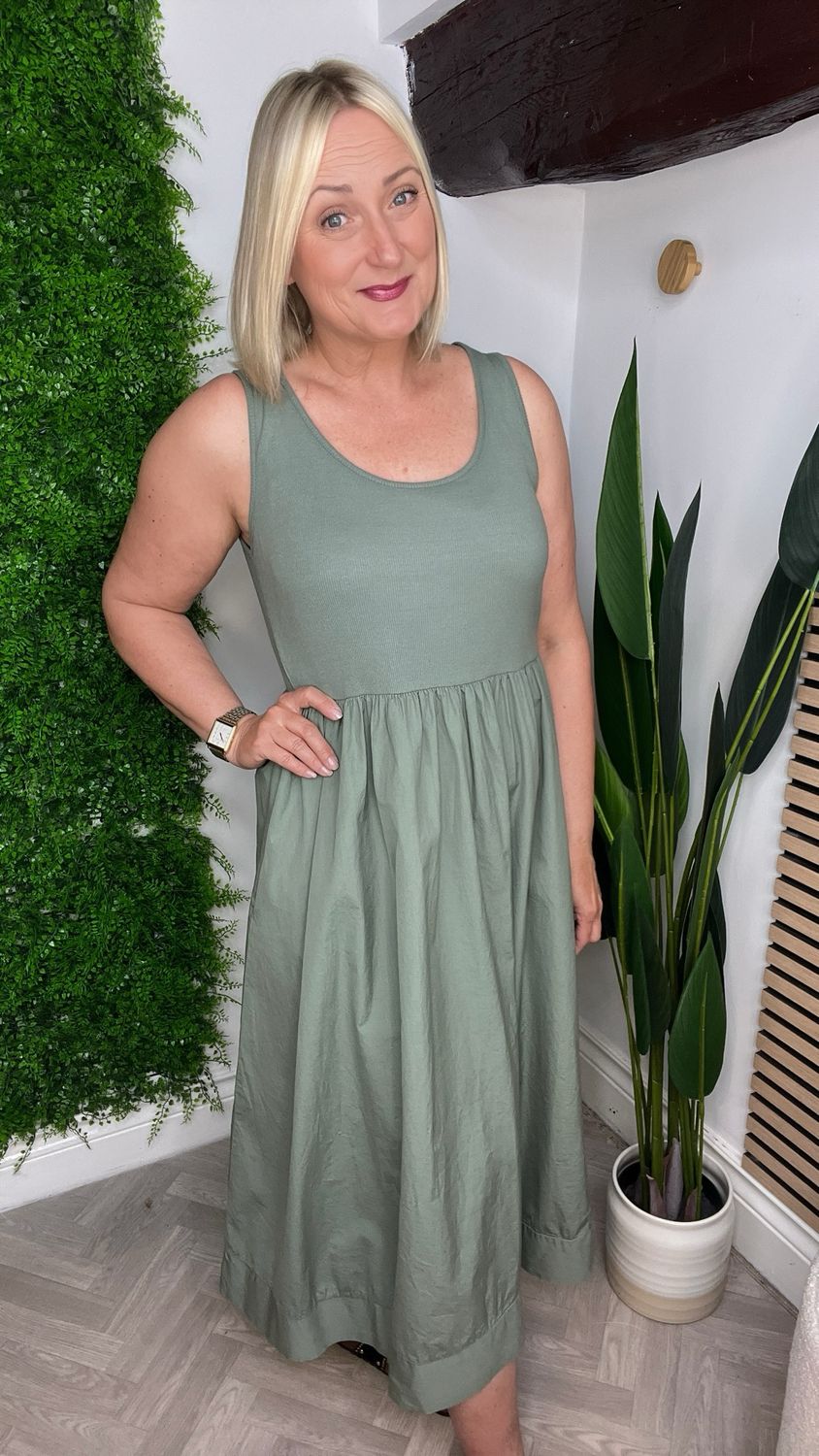 Ribbed Bodice Dress - Khaki