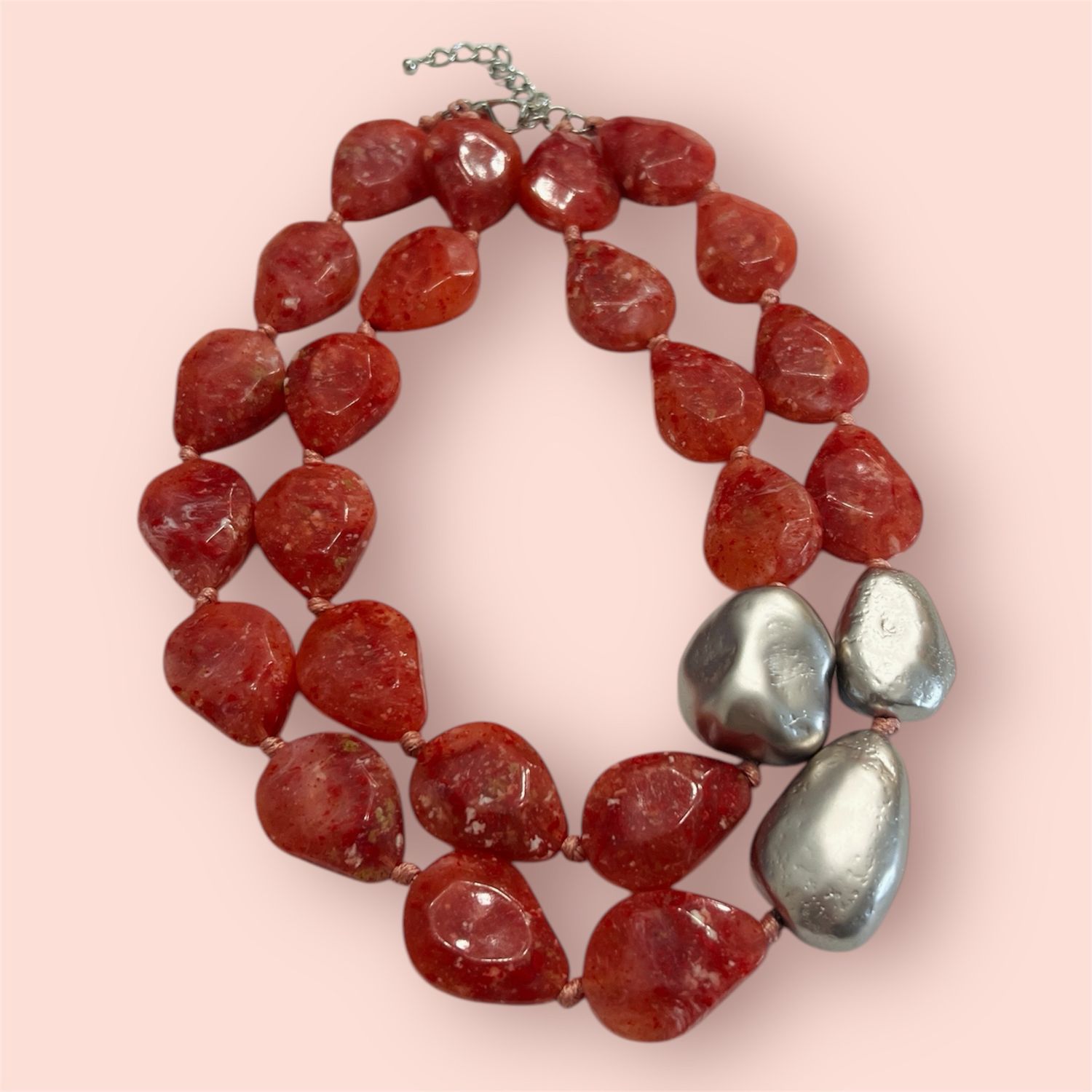 Chunky Teardrop Bead Necklace- Deep Coral