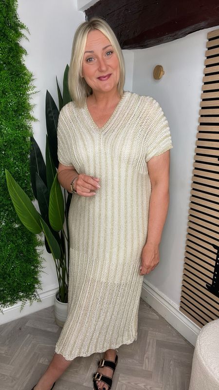 Lurex Crochet Knit Dress - Ecru