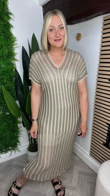 Lurex Crochet Knit Dress - Taupe